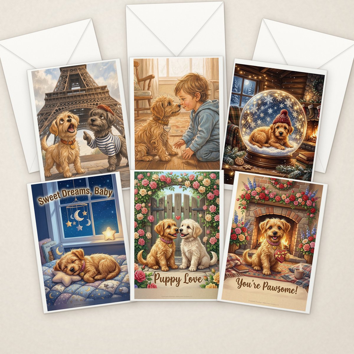 Six Adorable Greeting Cards with white envelopes: Paris, nose to nose, snow globe, Sweet Dreams Baby, Puppy Love and You're Pawsome designs