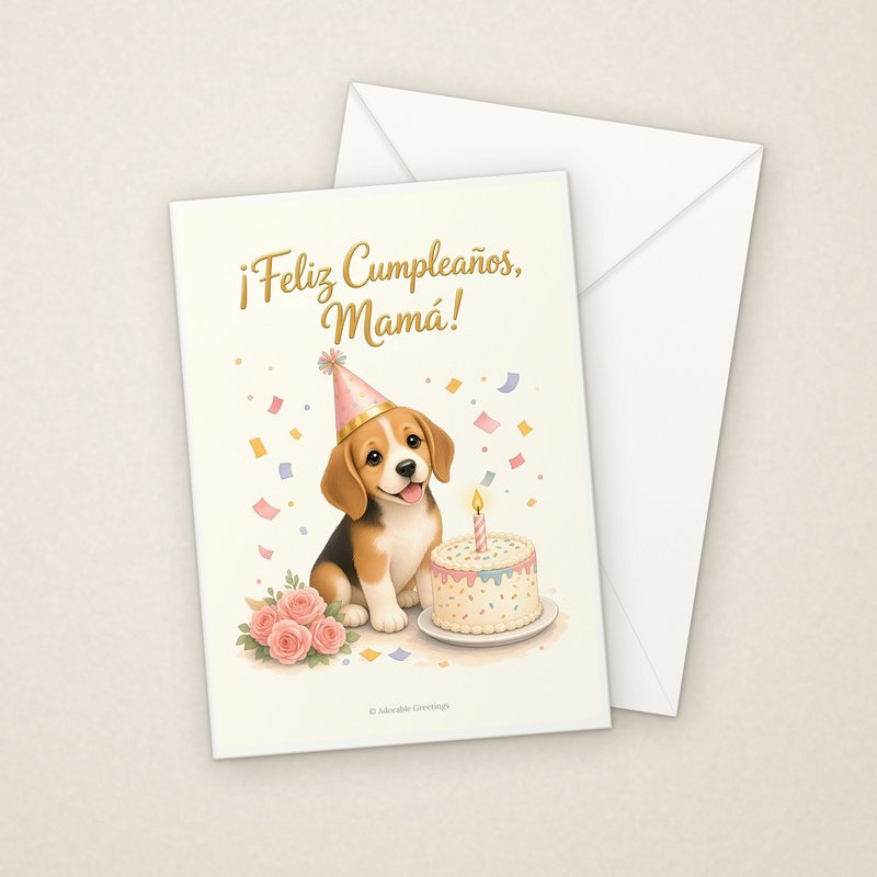 ¡Feliz Cumpleaños, Mamá! (CUM-02) greeting card with envelope, Adorable Greeting Cards by Melon Glow Books
