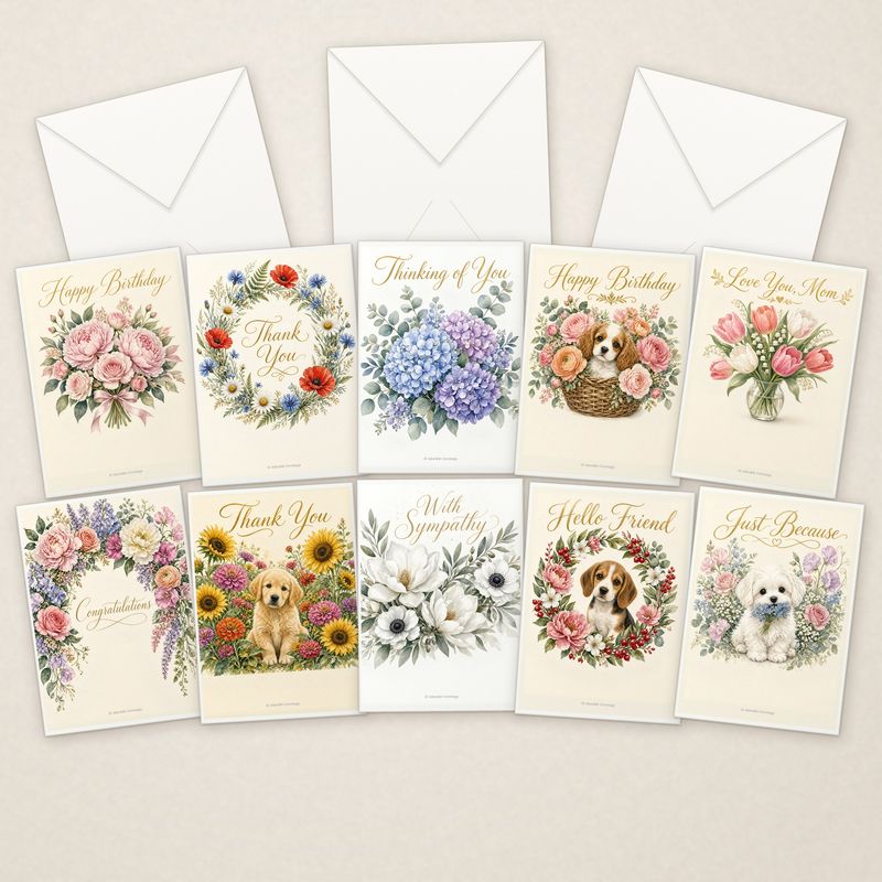 All 10 Floral Greeting Cards designs with envelopes