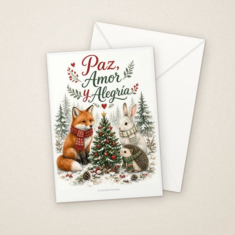 Paz, Amor y Alegría (NAV-07) greeting card with envelope, Adorable Greeting Cards by Melon Glow Books