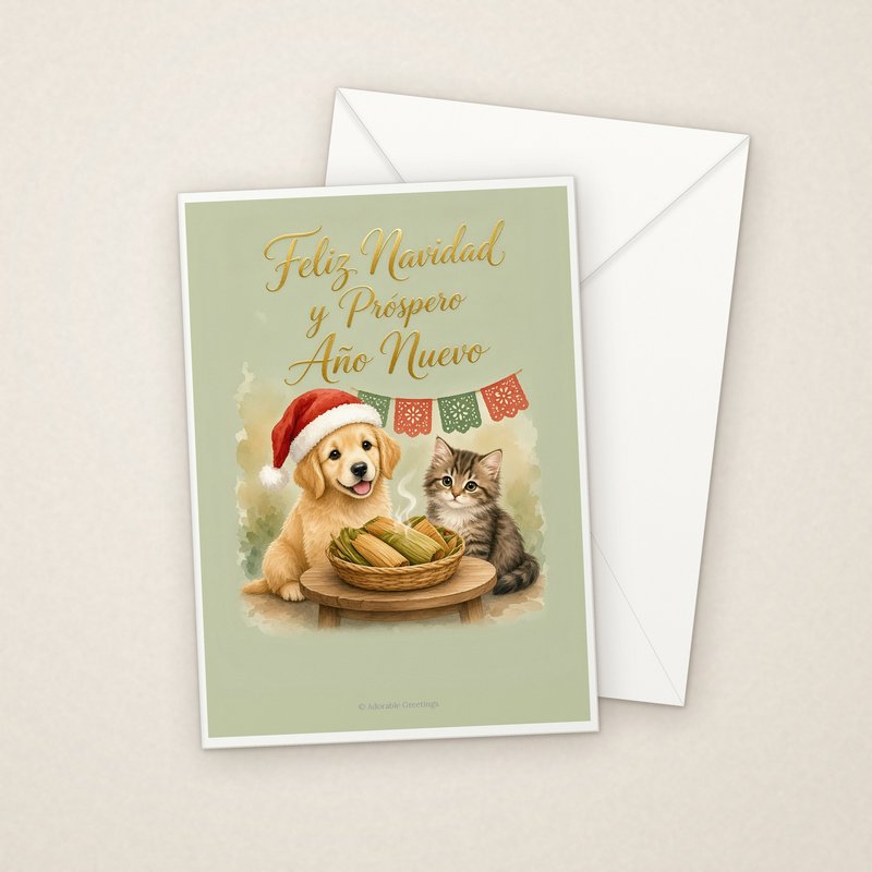 Feliz Navidad y Próspero Año Nuevo (NAV-12) greeting card with envelope, Adorable Greeting Cards by Melon Glow Books