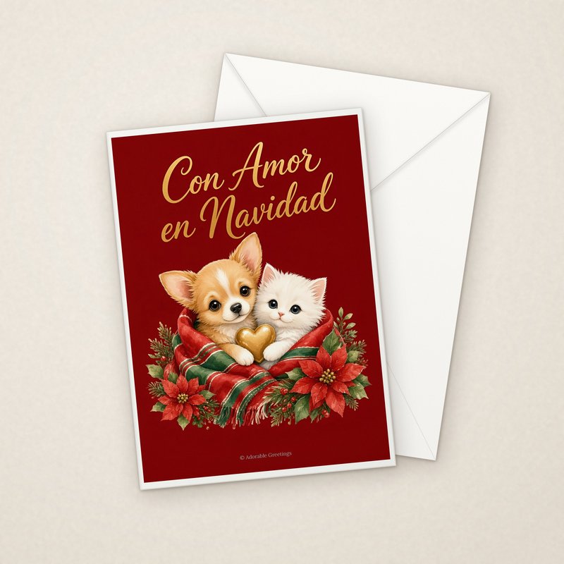 Con Amor en Navidad (NAV-15) greeting card with envelope, Adorable Greeting Cards by Melon Glow Books