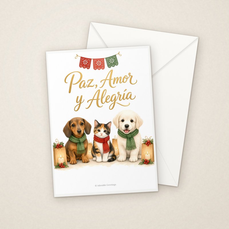 Paz, Amor y Alegría (NAV-17) greeting card with envelope, Adorable Greeting Cards by Melon Glow Books