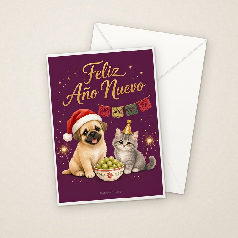 Feliz Año Nuevo (NAV-20) greeting card with envelope, Adorable Greeting Cards by Melon Glow Books