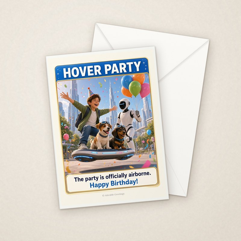Hover Party (NTBD-03) greeting card with envelope, Adorable Greeting Cards by Melon Glow Books