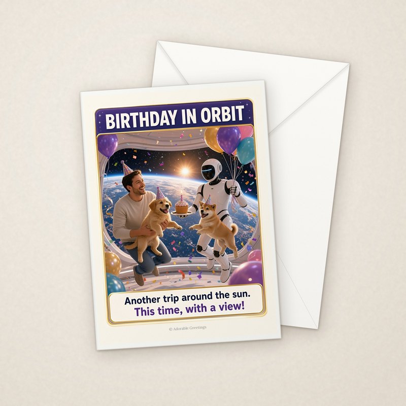 Birthday in Orbit (NTBD-06) greeting card with envelope, Adorable Greeting Cards by Melon Glow Books