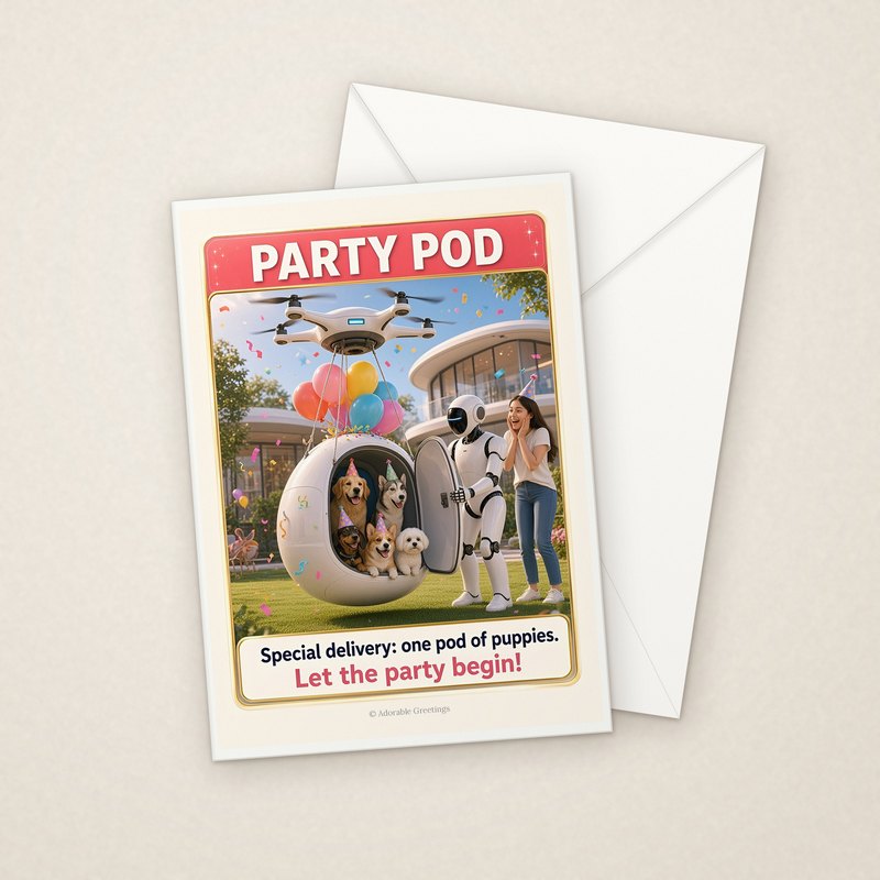 Party Pod (NTBD-08) greeting card with envelope, Adorable Greeting Cards by Melon Glow Books