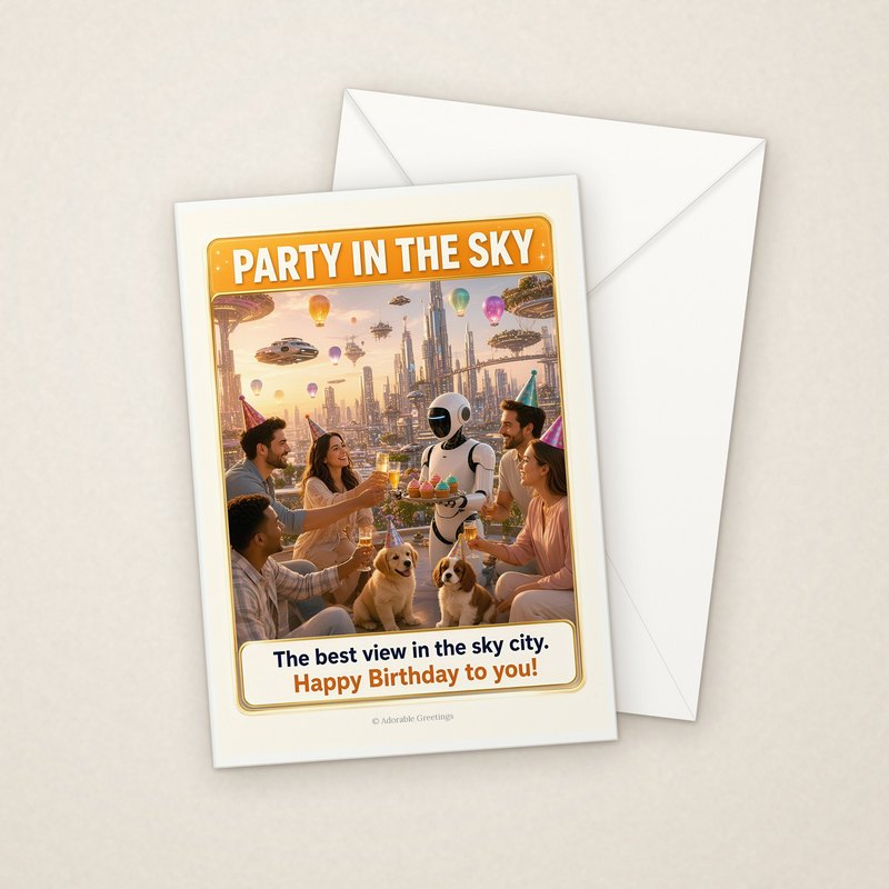 Party in the Sky (NTBD-10) greeting card with envelope, Adorable Greeting Cards by Melon Glow Books