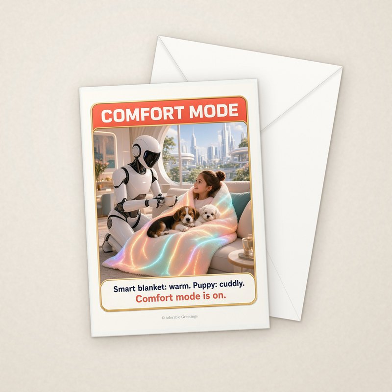 Comfort Mode (NTGW-04) greeting card with envelope, Adorable Greeting Cards by Melon Glow Books