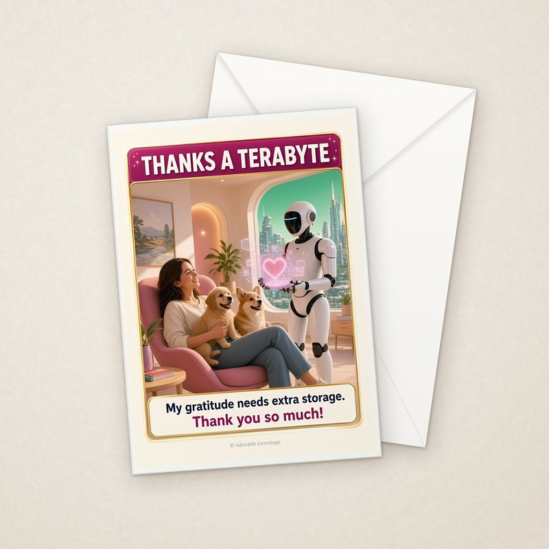Thanks a Terabyte (NTTY-01) greeting card with envelope, Adorable Greeting Cards by Melon Glow Books