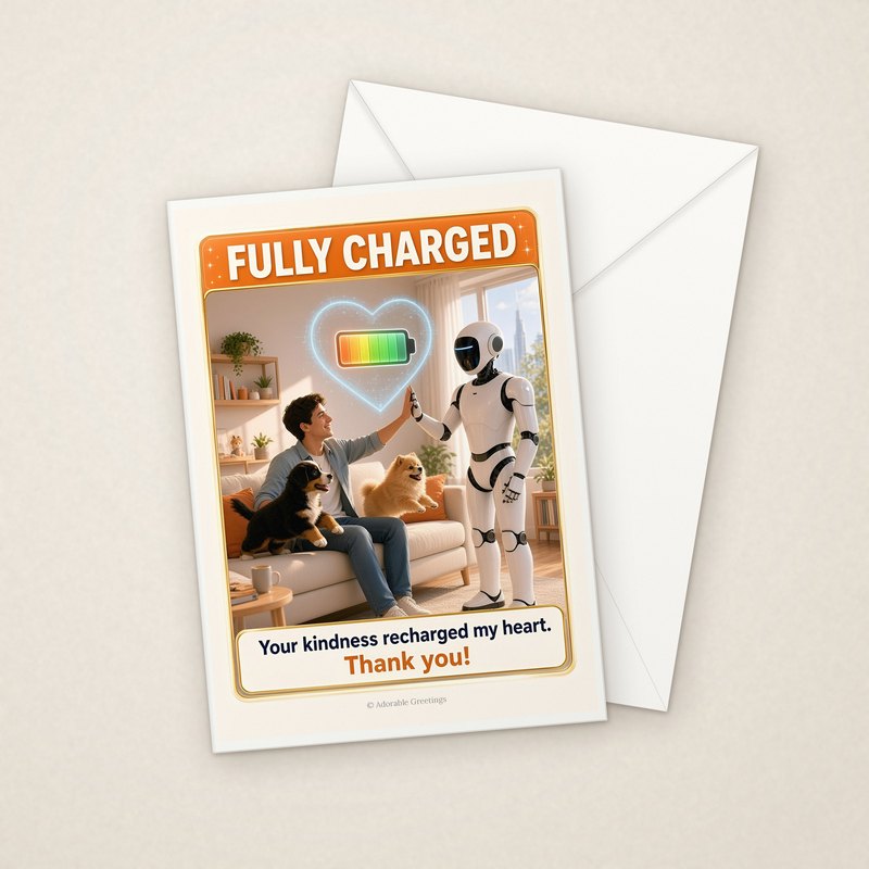 Fully Charged (NTTY-09) greeting card with envelope, Adorable Greeting Cards by Melon Glow Books
