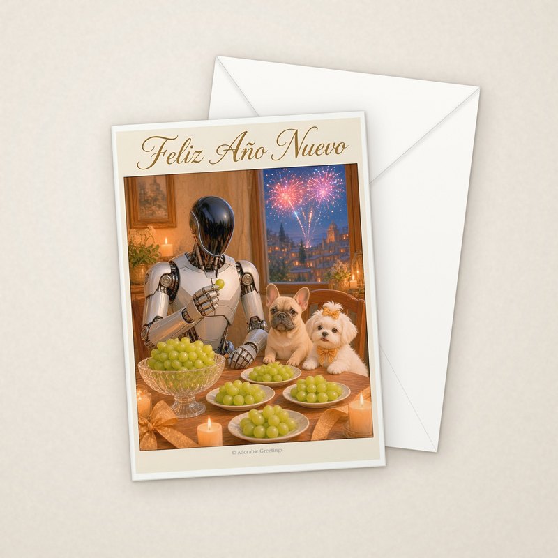 Feliz Año Nuevo (RNAV-09) greeting card with envelope, Adorable Greeting Cards by Melon Glow Books