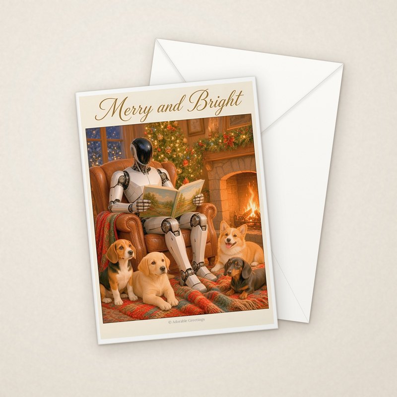 Merry and Bright (RXM-07) greeting card with envelope, Adorable Greeting Cards by Melon Glow Books