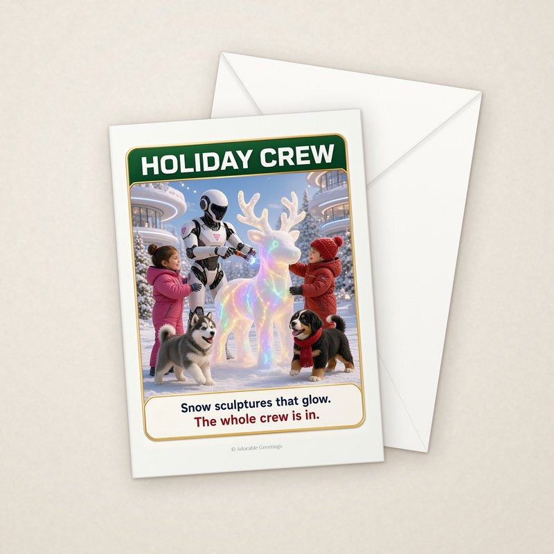 Holiday Crew (RXM-15) greeting card with envelope, Adorable Greeting Cards by Melon Glow Books