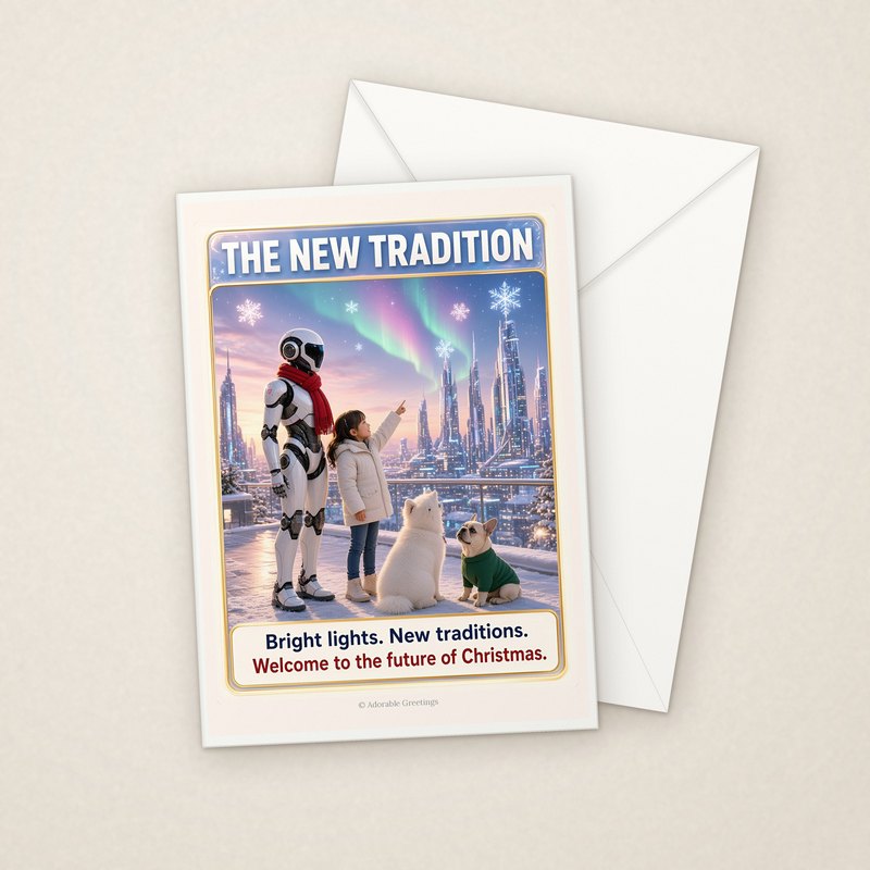 The New Tradition Christmas card RXM-17: a home robot, a child and two puppies under the northern lights