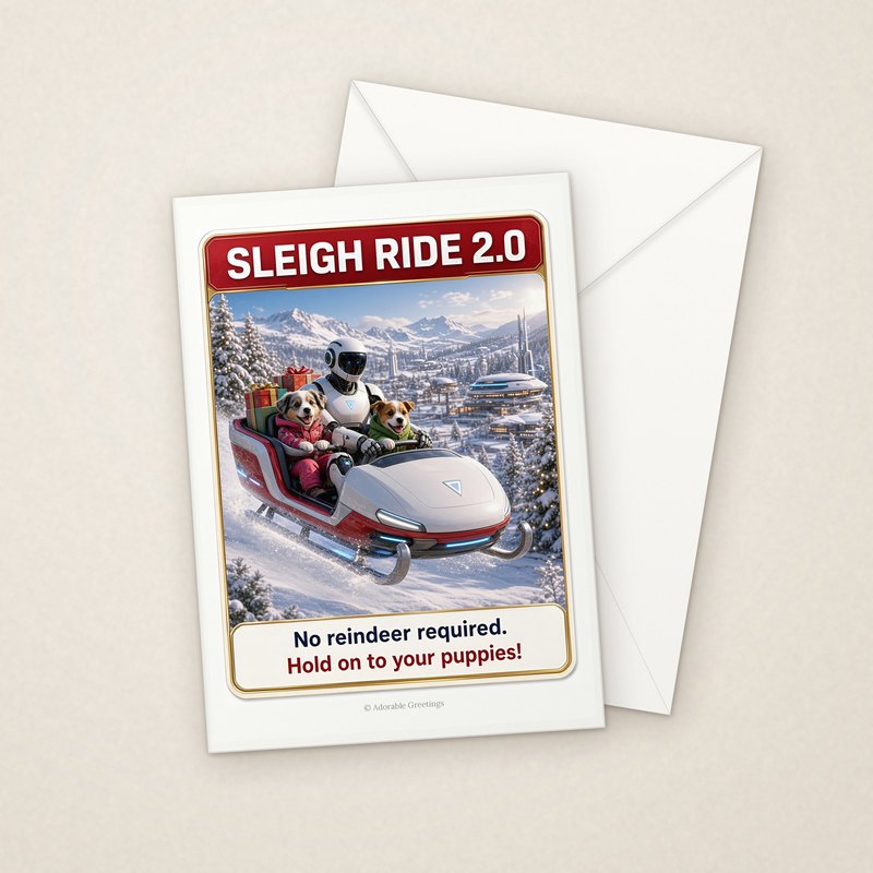Sleigh Ride 2.0 (RXM-19) greeting card with envelope, Adorable Greeting Cards by Melon Glow Books