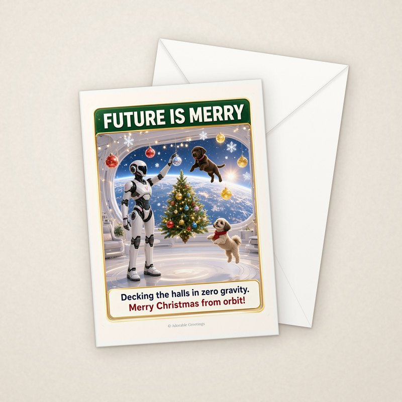 Future Is Merry (RXM-20) greeting card with envelope, Adorable Greeting Cards by Melon Glow Books