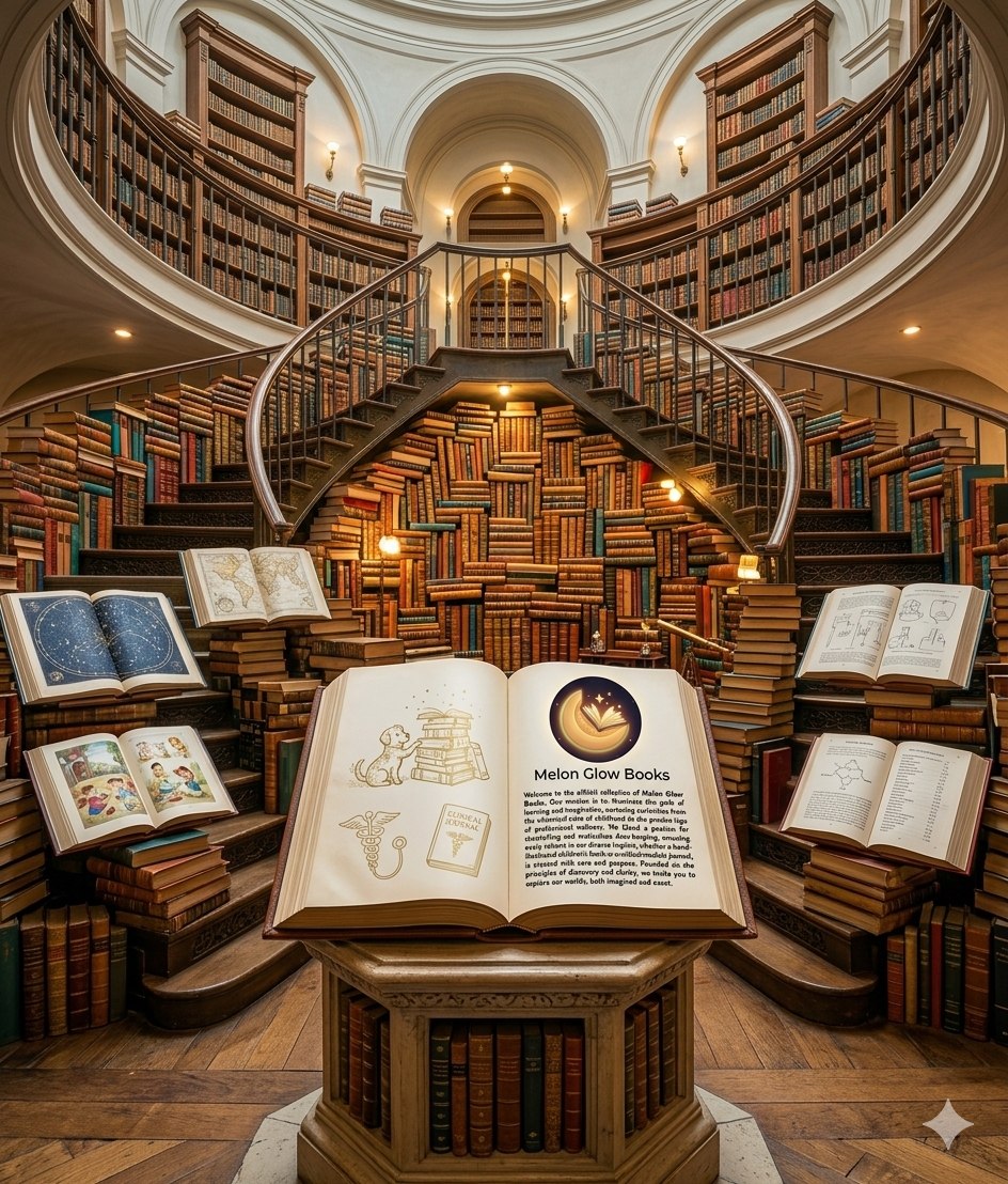 A grand library, with an open book reading Melon Glow Books at its center.